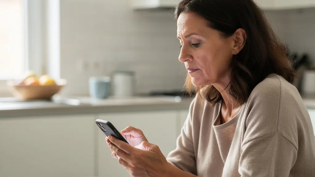 Femme consultant son smartphone avec expression réfléchie, contexte domestique lumineux