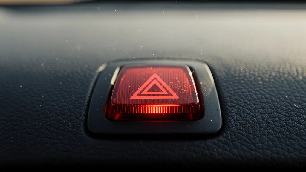 Gros plan sur un bouton rouge triangulaire de feux de détresse sur un tableau de bord automobile, éclairé par la lumière du jour filtrant à travers le pare-brise