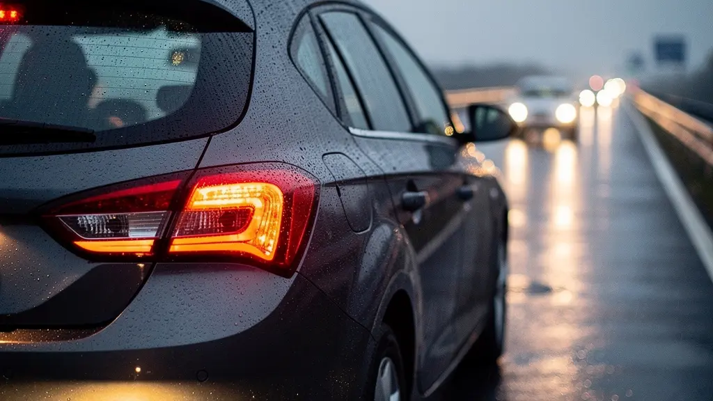 Vue arrière d'un véhicule avec ses feux de détresse clignotants orange reflétés sur l'asphalte humide d'une autoroute au crépuscule