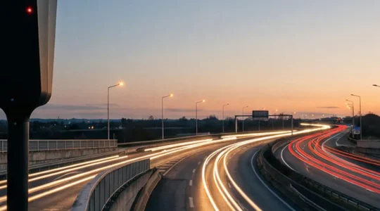 Vue large d'une autoroute française au crépuscule avec des faisceaux lumineux symbolisant la lecture automatique des plaques d'immatriculation par un système de surveillance numérique invisible