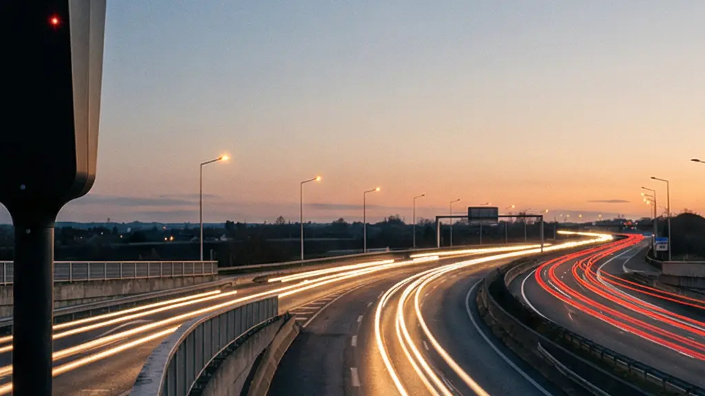 Vue large d'une autoroute française au crépuscule avec des faisceaux lumineux symbolisant la lecture automatique des plaques d'immatriculation par un système de surveillance numérique invisible