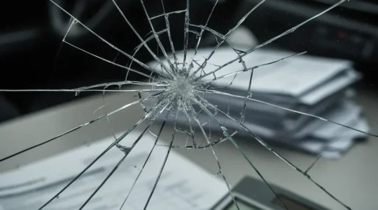 Pare-brise fissuré avec documents d'assurance et calculatrice floues en arrière-plan