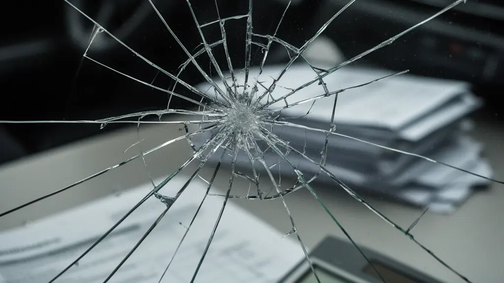 Pare-brise fissuré avec documents d'assurance et calculatrice floues en arrière-plan