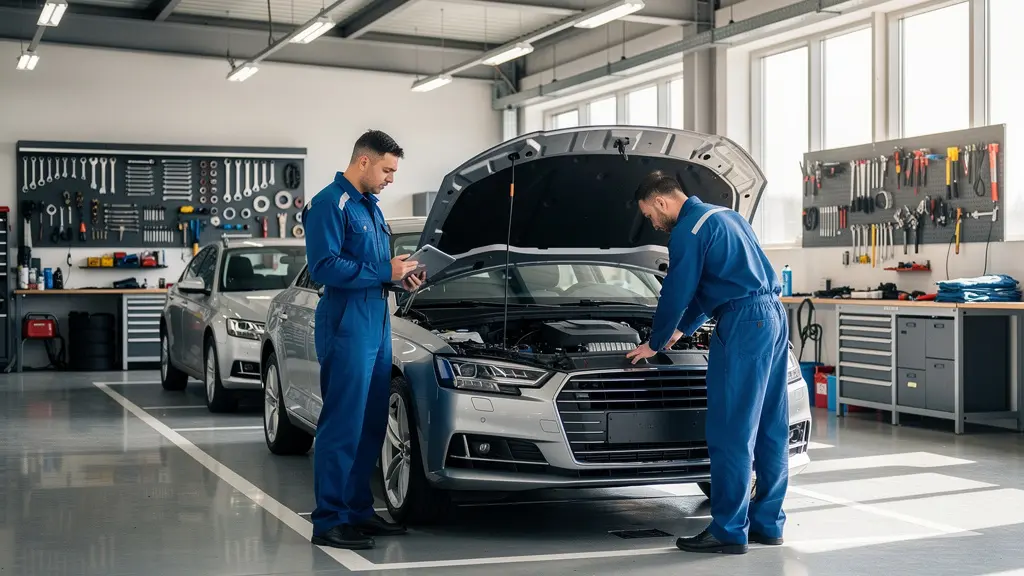 Vue d'ensemble d'un garage automobile moderne avec des mécaniciens professionnels travaillant sur plusieurs véhicules dans un environnement lumineux et organisé