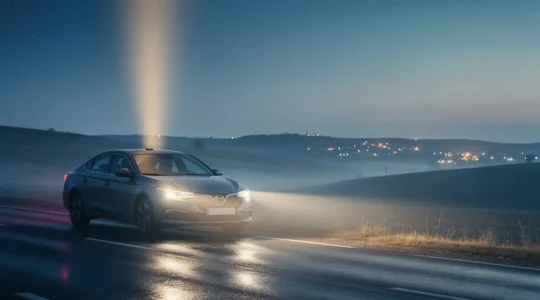 Voiture immobilisée de nuit sur une route isolée avec un signal lumineux symbolisant la géolocalisation automatique envoyant une alerte vers le ciel étoilé