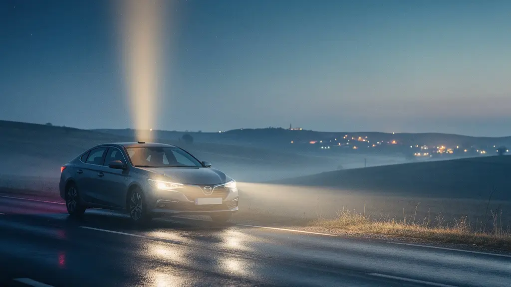 Voiture immobilisée de nuit sur une route isolée avec un signal lumineux symbolisant la géolocalisation automatique envoyant une alerte vers le ciel étoilé