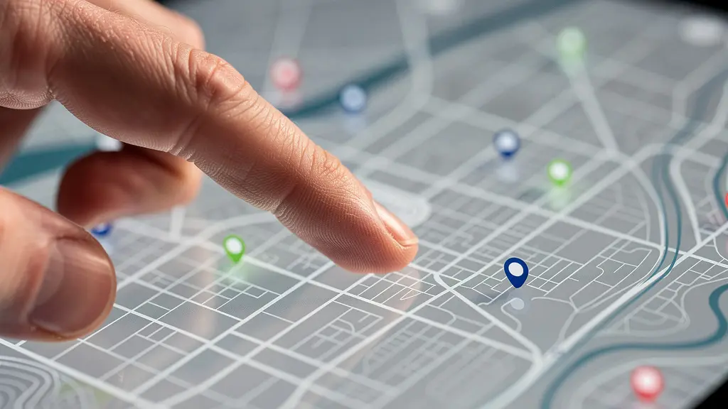Vue macro d'une main utilisant une tablette montrant une carte avec des points de localisation de garages