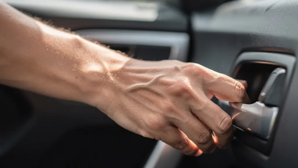 Vue détaillée d'une main d'adulte sur une poignée de portière intérieure, illustrant la technique de la main opposée.