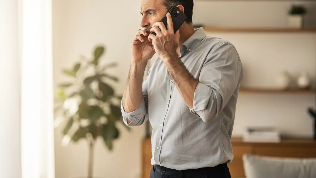 Homme au téléphone dans un environnement domestique, expression attentive lors d'un appel