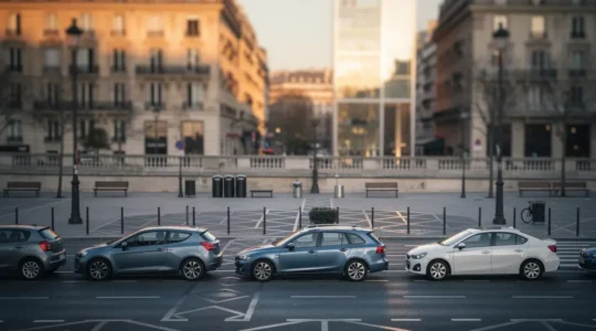 Vue urbaine en perspective d'une avenue metropolitaine avec des vehicules en circulation, evoqueant les restrictions de mobilite liees aux zones a faibles emissions