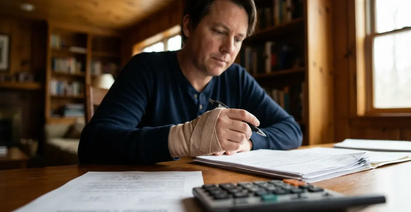 Personne consultant des documents d'assurance avec une main bandée, illustrant l'évaluation de l'indemnisation après un accident