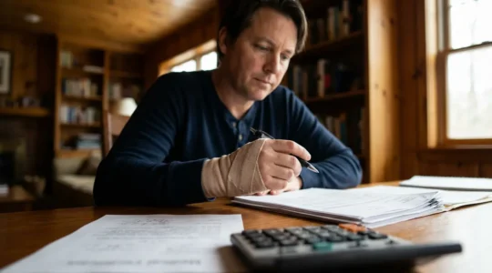 Personne consultant des documents d'assurance avec une main bandée, illustrant l'évaluation de l'indemnisation après un accident