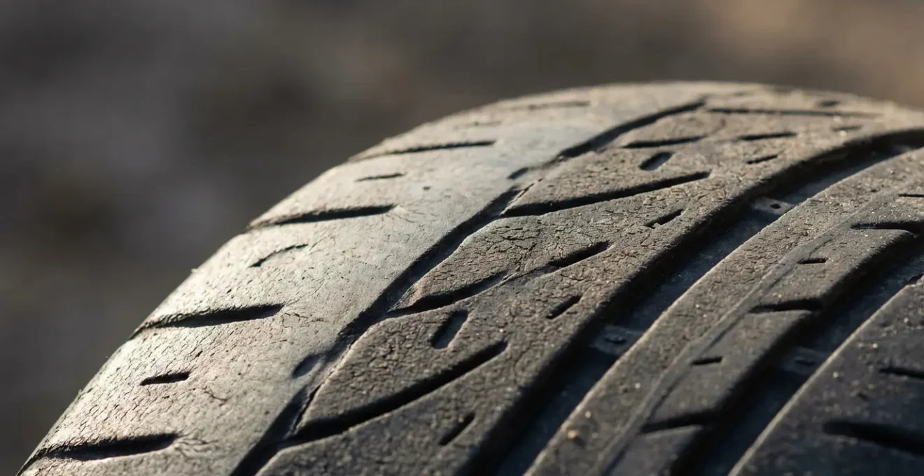 Vue macro détaillée de l'usure d'un pneu automobile montrant les témoins d'usure
