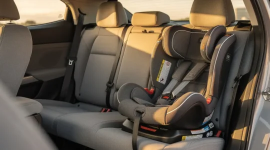 Vue intérieure arrière d'une voiture familiale moderne et apaisante, montrant un siège auto vide parfaitement installé et un habitacle rangé, suggérant la sécurité avant le départ.
