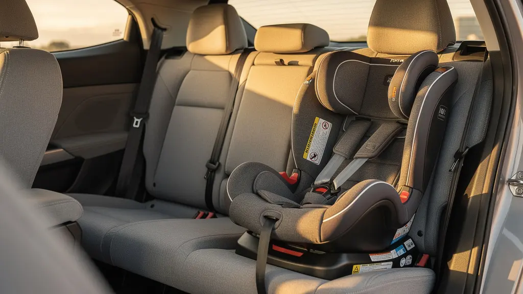 Vue intérieure arrière d'une voiture familiale moderne et apaisante, montrant un siège auto vide parfaitement installé et un habitacle rangé, suggérant la sécurité avant le départ.