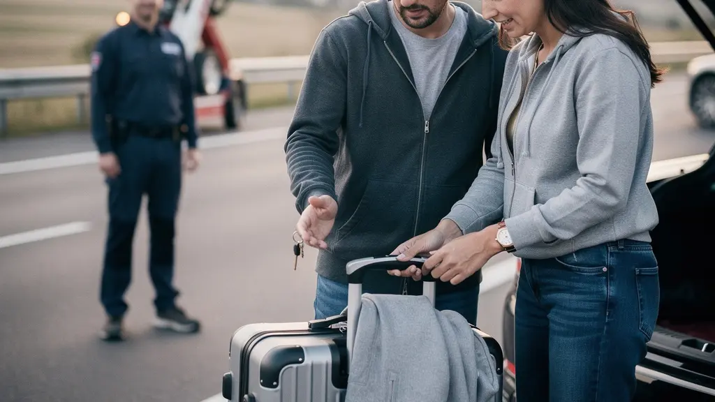 Un conducteur récupère des objets essentiels dans une voiture immobilisée, tandis qu’un dépanneur attend à distance près de la glissière de sécurité.