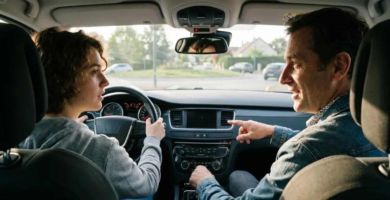 Apprenti conducteur pratiquant la conduite accompagnée avec son accompagnateur dans une voiture moderne