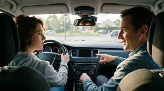 Apprenti conducteur pratiquant la conduite accompagnée avec son accompagnateur dans une voiture moderne