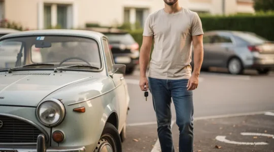 Jeune conducteur devant sa première voiture citadine dans un parking résidentiel