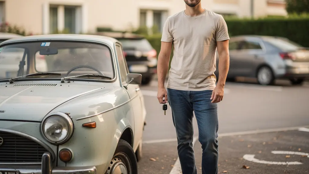 Jeune conducteur devant sa première voiture citadine dans un parking résidentiel
