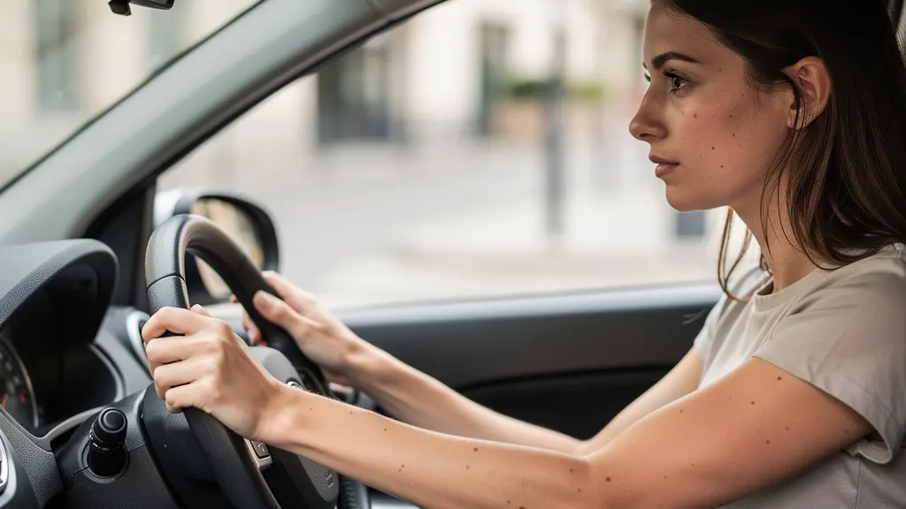 Jeune conductrice concentrée au volant de sa citadine