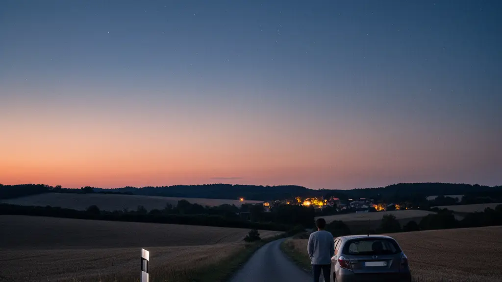 Silhouette d'un automobiliste debout sur le bas-côté d'une route de campagne au crépuscule, observant l'horizon pour repérer des points de repère lumineux