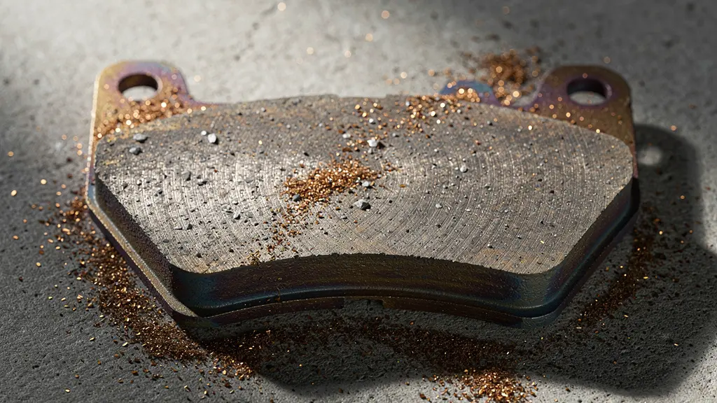 Gros plan macro sur une plaquette de frein usée montrant les textures métalliques et la poussière de freinage, illustrant le coût caché des freinages brusques.