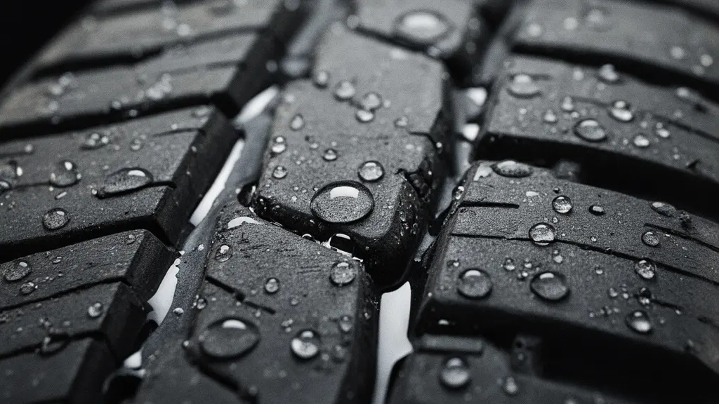 Gros plan macro de rainures de pneu sans marque, remplies de micro-gouttes d’eau, montrant la texture de la gomme et l’évacuation de l’eau.