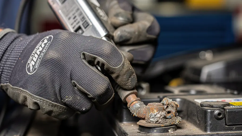 Mécanicien professionnel testant une batterie de voiture avec multimètre