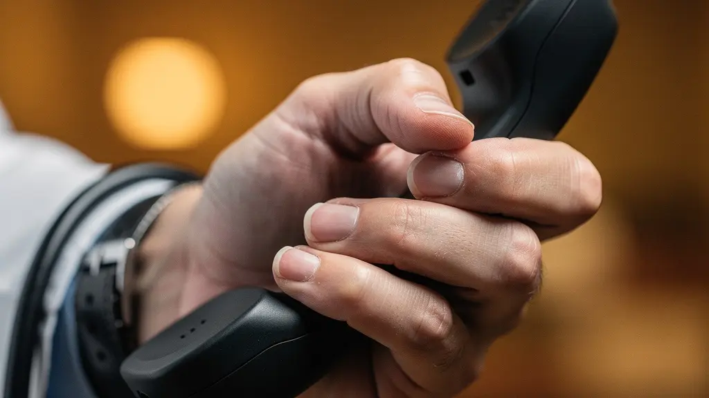 Main d'un médecin posée sur un combiné téléphonique dans une lumière tamisée, évoquant la décision cruciale de rapatriement sanitaire