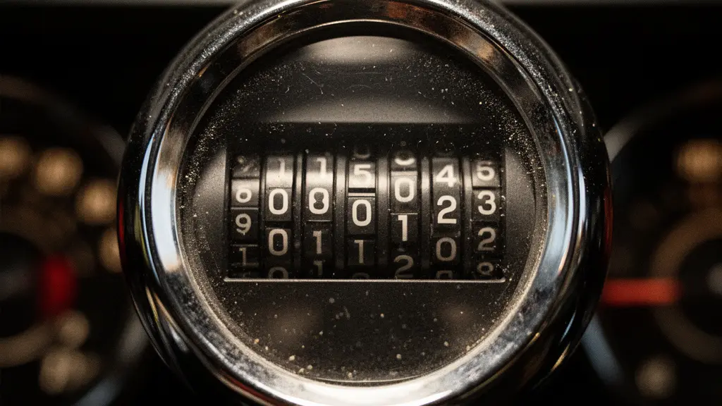 Gros plan macro sur un compteur kilométrique automobile flou et abstrait, symbolisant l'ambiguïté de la mesure de distance dans les franchises d'assurance