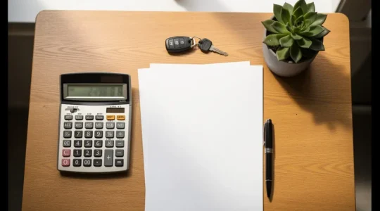 Scène de négociation d'assurance auto avec calculatrice et documents sur bureau