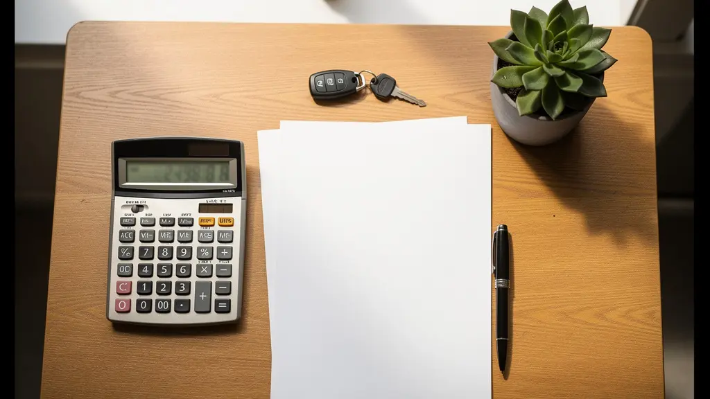 Scène de négociation d'assurance auto avec calculatrice et documents sur bureau