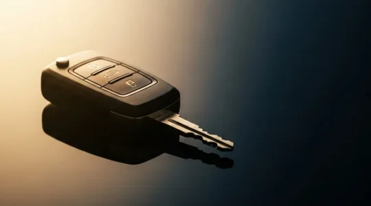 Clé de voiture posée sur une surface réfléchissante avec un jeu d'ombres symbolisant la perte de valeur progressive d'un véhicule neuf