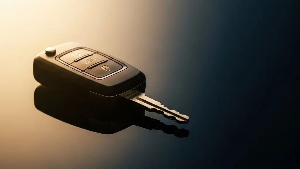 Clé de voiture posée sur une surface réfléchissante avec un jeu d'ombres symbolisant la perte de valeur progressive d'un véhicule neuf