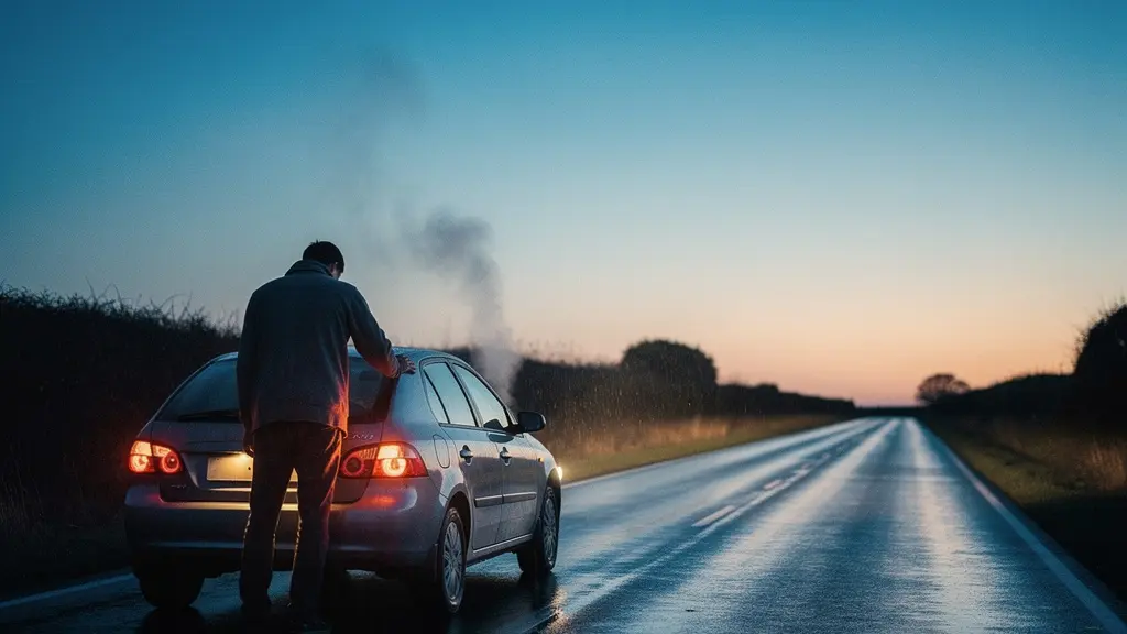 Phares d'une voiture immobilisée au crépuscule sur une route de campagne déserte, évoquant l'attente d'une assistance de remorquage loin du domicile