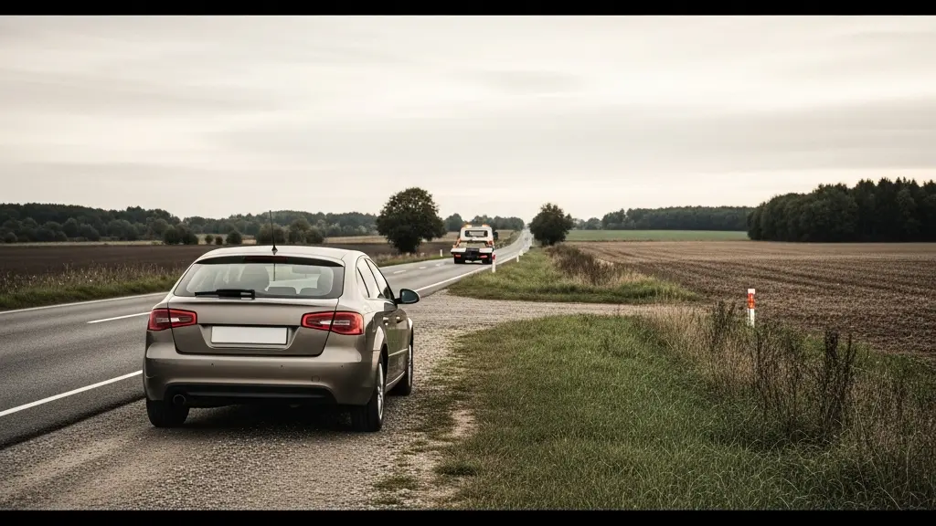 Vue large d'une route de campagne avec une voiture en panne sur le bas-côté et une assistance loin au fond, sans plaques lisibles ni signalisation lisible.