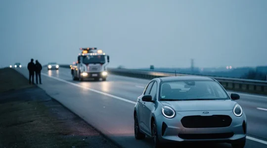 Voiture immobilisée sur le bas-côté d’une autoroute, avec une dépanneuse en approche au loin et une grande zone de ciel vide.