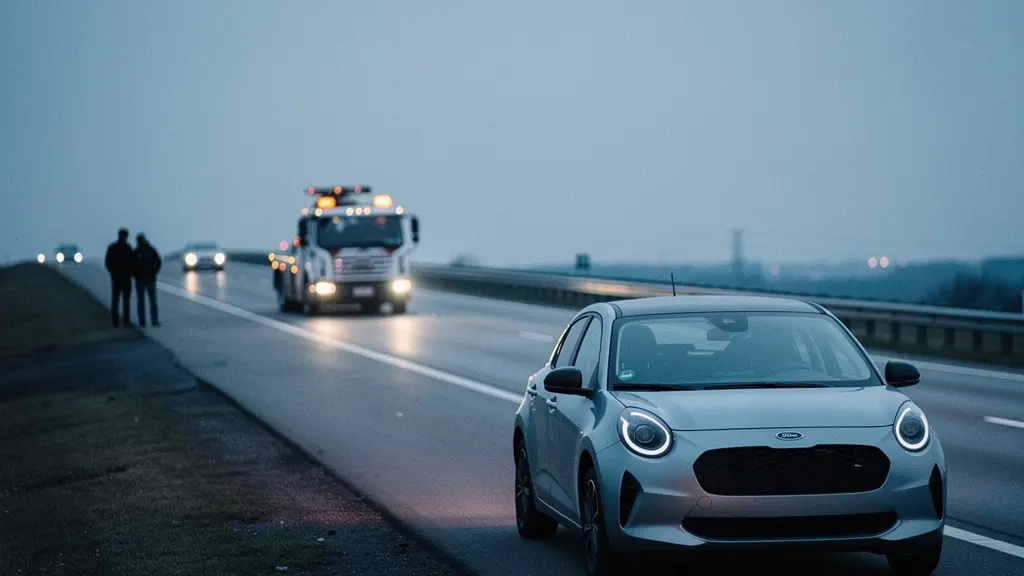 Voiture immobilisée sur le bas-côté d’une autoroute, avec une dépanneuse en approche au loin et une grande zone de ciel vide.