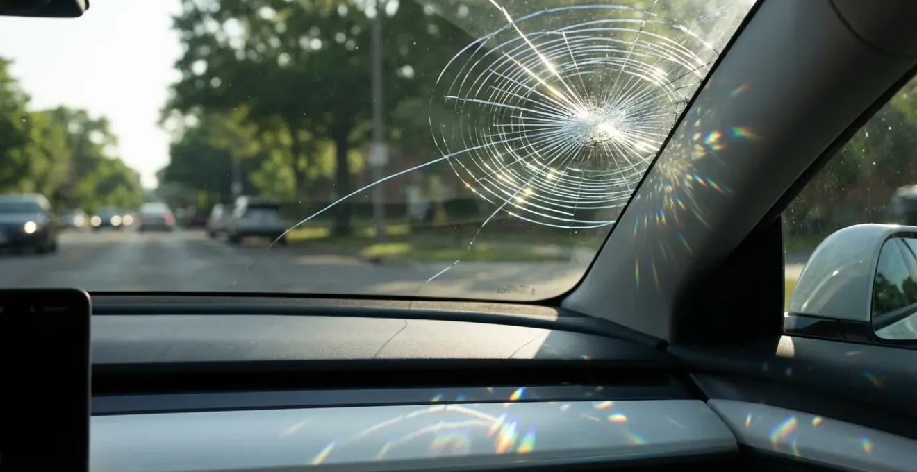 Pare-brise de voiture avec un impact étoilé, éclairage naturel du matin