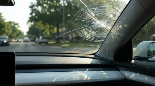 Pare-brise de voiture avec un impact étoilé, éclairage naturel du matin