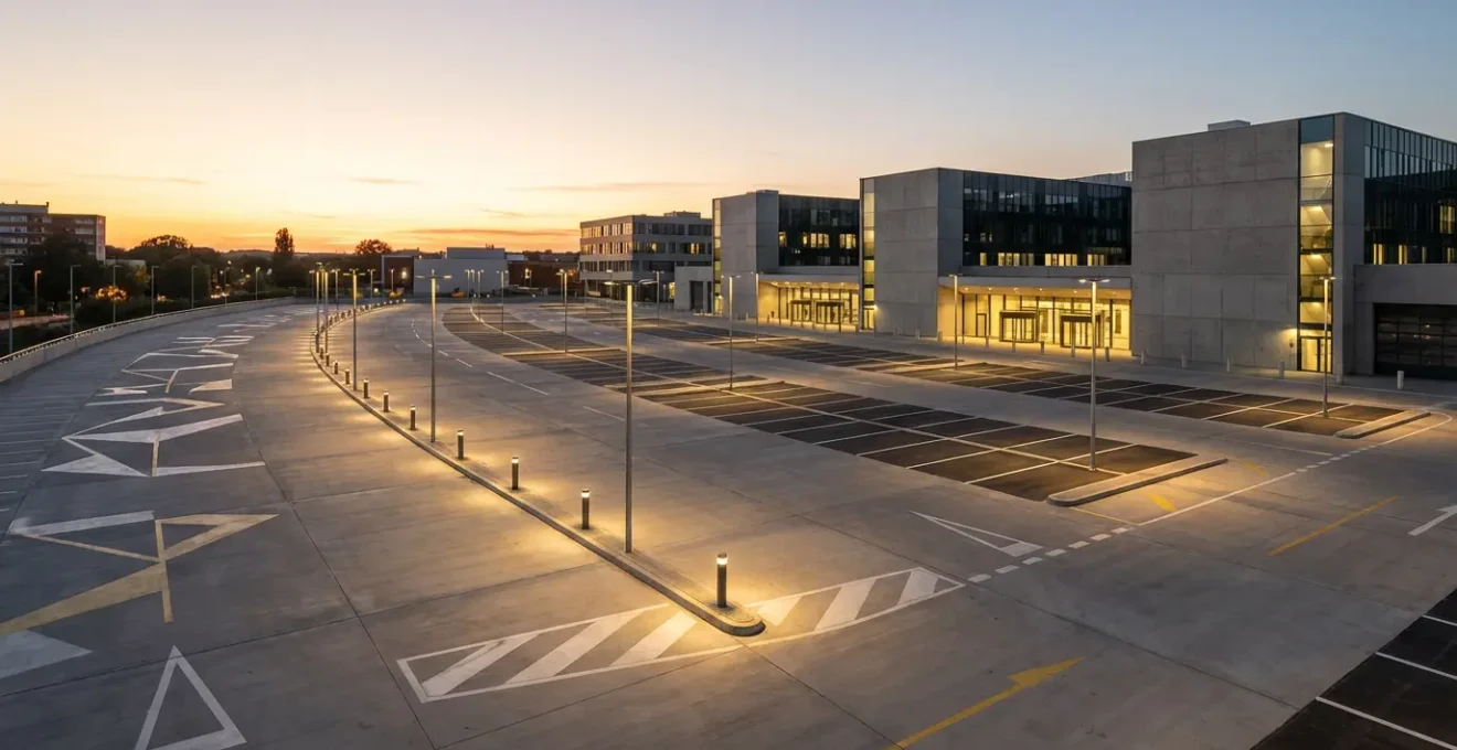 Vue aérienne d'un parking bien éclairé avec véhicules stationnés stratégiquement