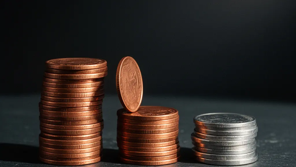 Piles de pièces de monnaie de tailles décroissantes éclairées par une lumière dramatique, symbolisant la répartition invisible des taxes dans une cotisation d'assurance.