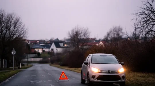 Vue large d'une voiture immobilisée au bord d'une route suburbaine déserte au crépuscule, symbolisant le piège de la franchise kilométrique en assurance auto