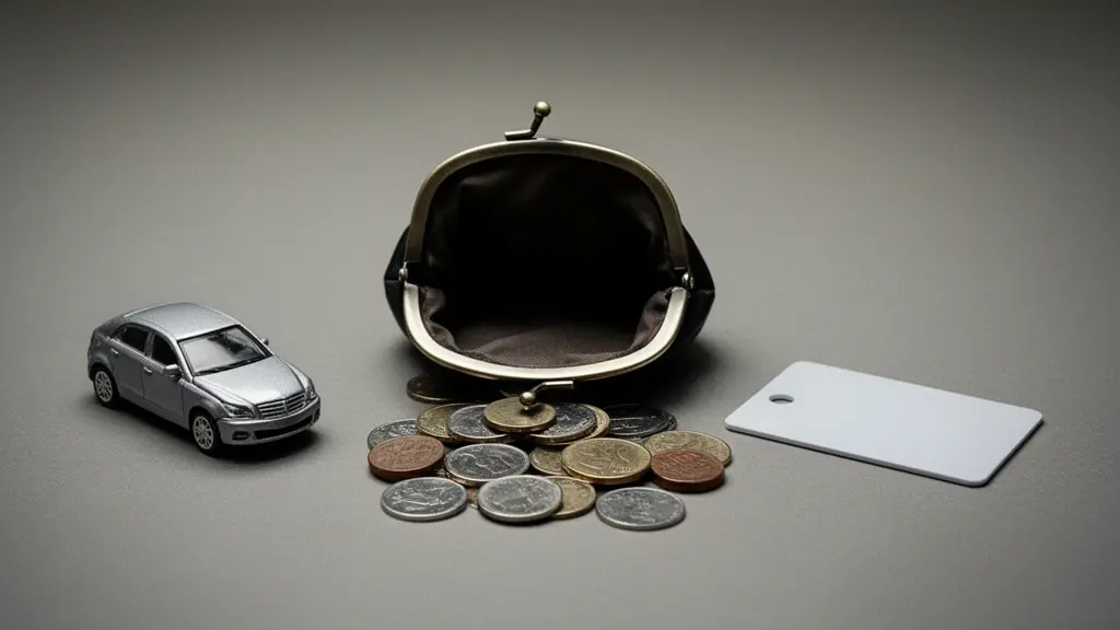 Porte-monnaie presque vide avec des pièces, une carte-clé neutre et une petite voiture jouet, symbolisant un plafond global d'assistance qui s'épuise vite.