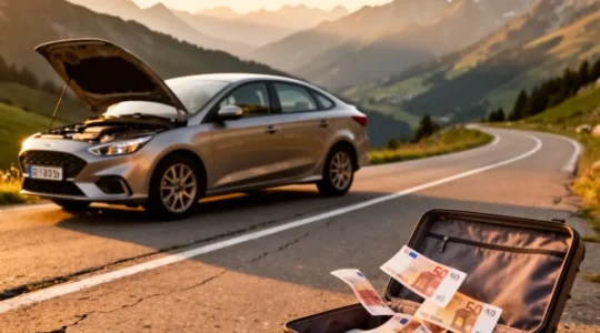 Voiture immobilisée sur une route européenne avec une valise ouverte symbolisant les frais imprévus liés aux plafonds d'assistance cachés