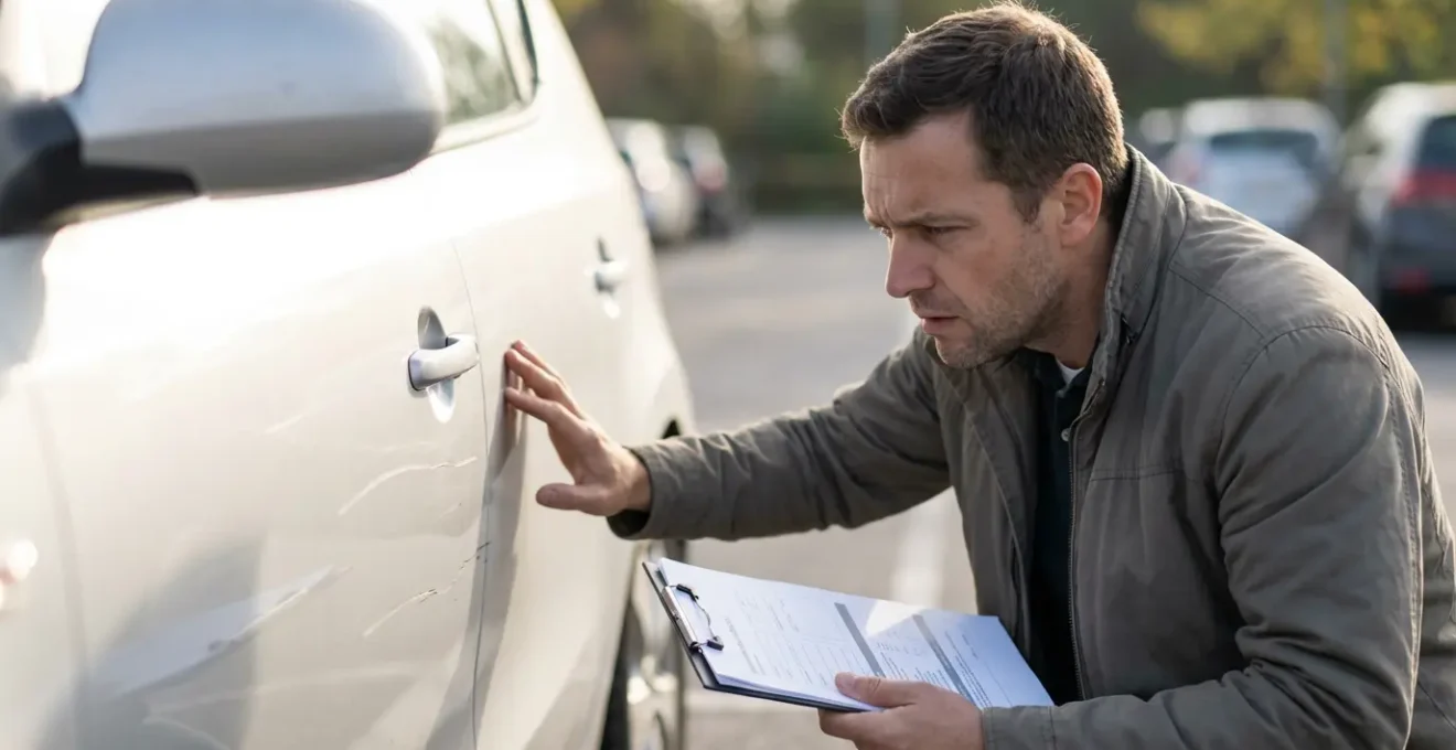 Vue d'expert examinant des dommages sur une voiture avec documents d'assurance