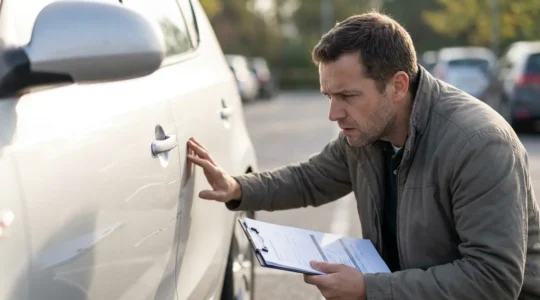 Vue d'expert examinant des dommages sur une voiture avec documents d'assurance