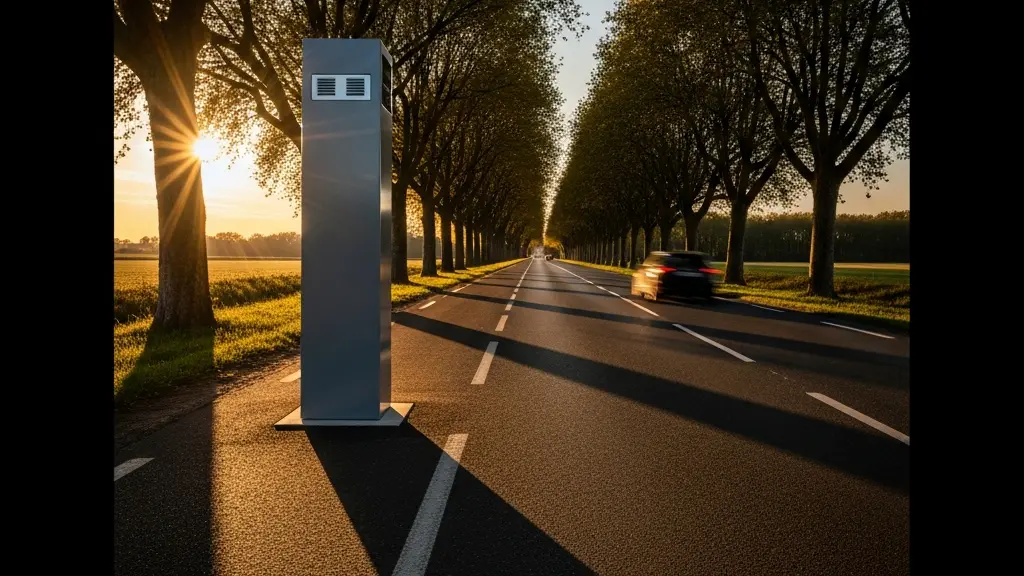Vue symbolique d'un radar routier au bord d'une route française au crépuscule, représentant la surveillance automatisée des véhicules non assurés