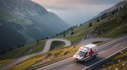 Vue aérienne d'une route sinueuse traversant un paysage montagneux avec une ambulance isolée évoquant l'urgence d'un rapatriement sanitaire